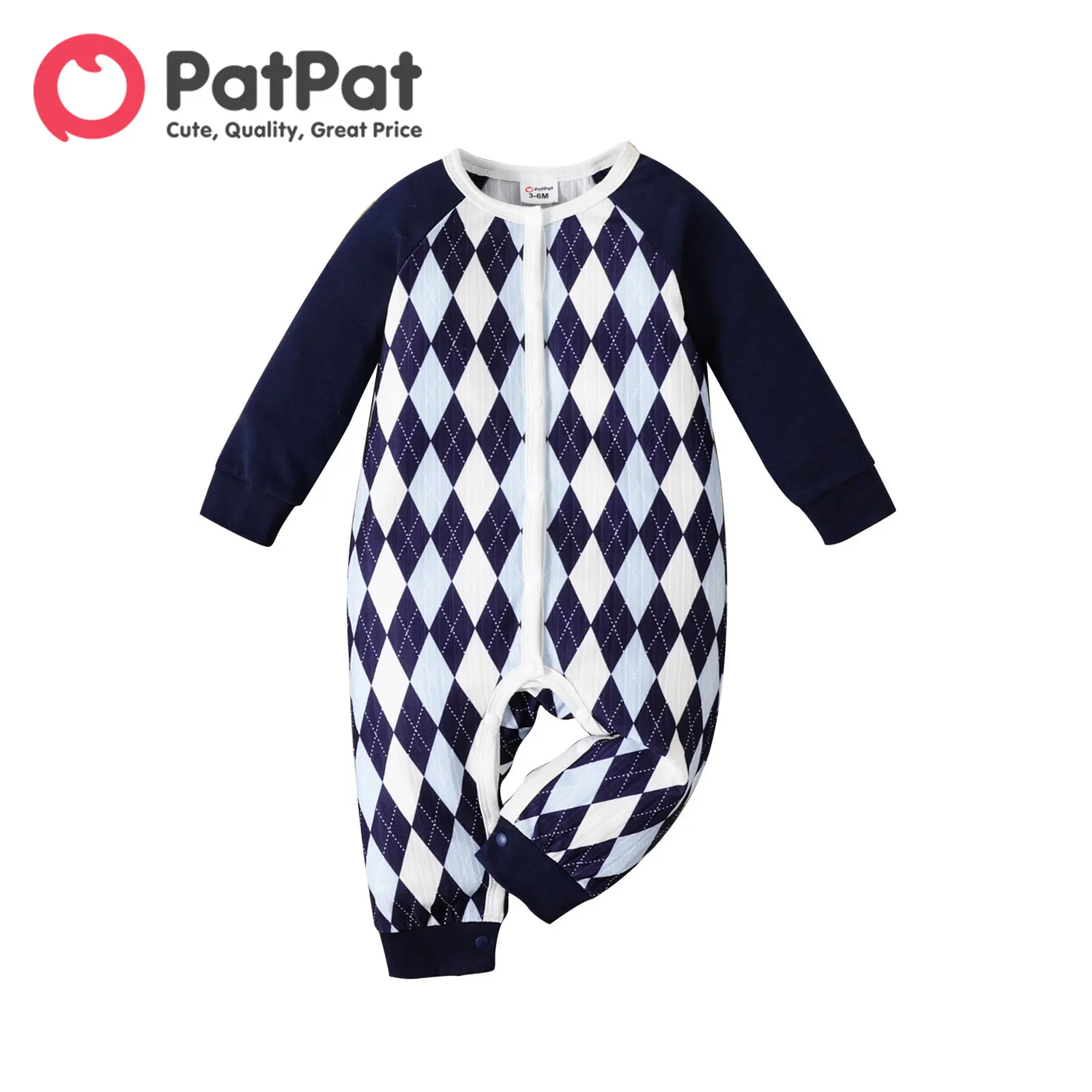 PatPat Baby Boy Ribbed Argyle Pattern Raglan-sleeve Button Front Jumpsuit
