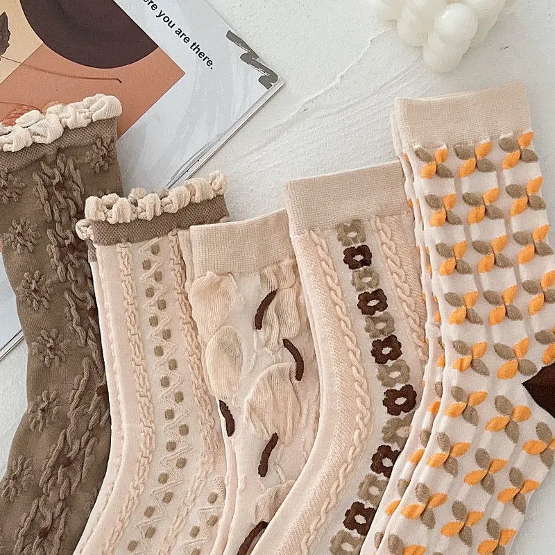 3/5pairs Retro Jacquard Socks Woman Korean Sweet Kawaii Tube Socks Japanese Harajuku Ins Creative Female Sokken Long Socks Women