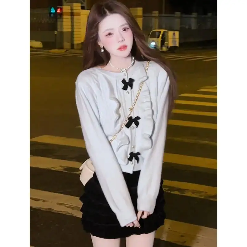 Изящный свитер с бантом во французском стиле кардиган женский осенне-зимний