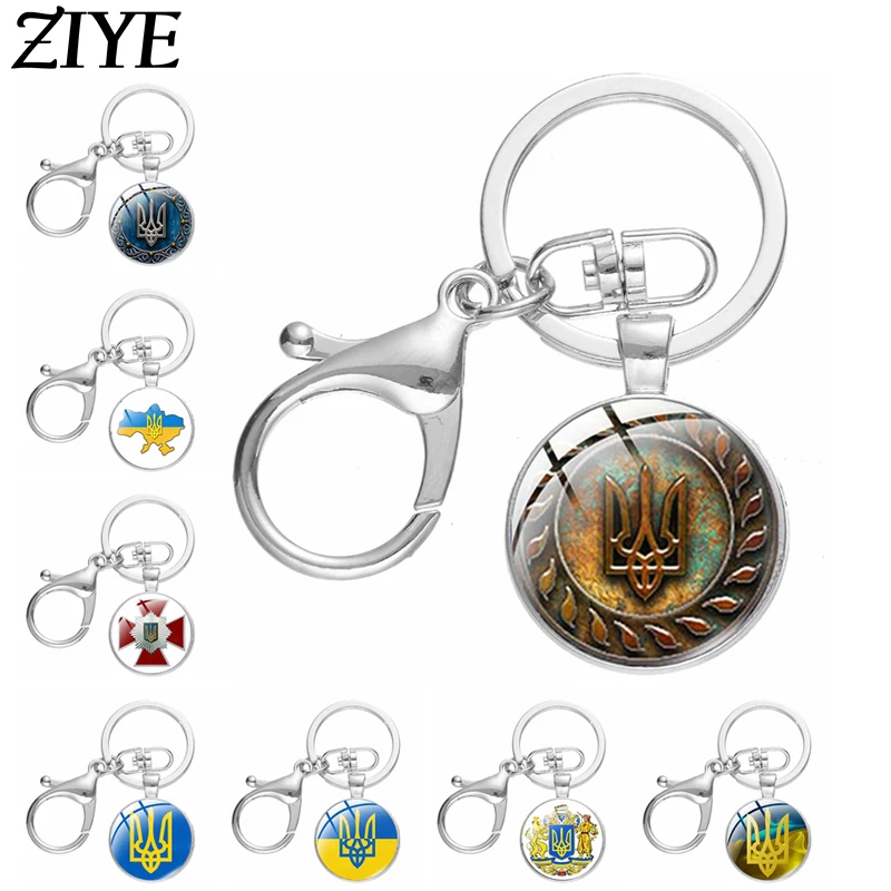 

New Tryzub Vintage Rune Pattern Symbol Keychain Trident Symbol Round Glass Cabochon Charms Key Ring Chains for Car Bag Women Men
