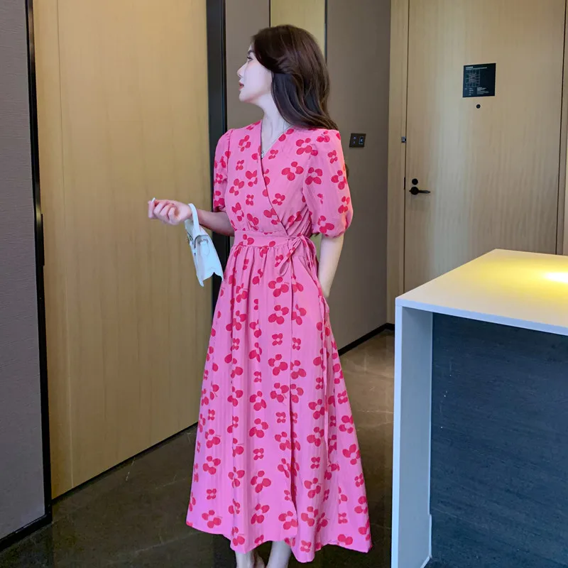 

COIGARSAM Long Dress Women Summer 2022 New French Style Floral Apricot Pink Dresses Dropshipping