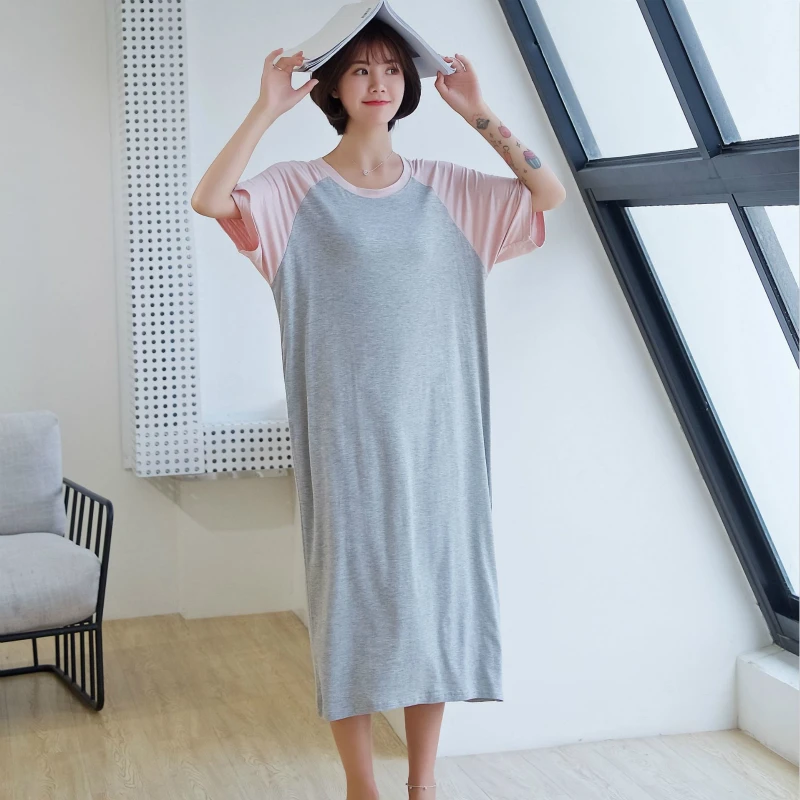 

Extra Long Sleep Dress Womens Lingerie Nightgown Summer Korean Thin Modell Loose Smooth Simple Plus Size Short Sleeve Nightwear