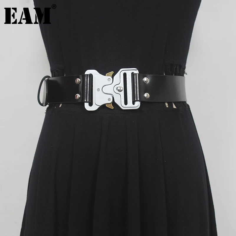 [EAM] Pu Leather Black Metal Buckle Wide Casual Belt Personality Women New Fashion Tide All-match Spring Autumn 2023 1DF6068