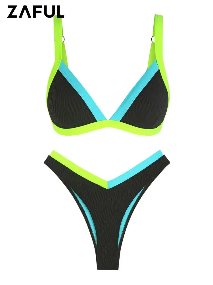 

ZAFUL Women's Swimsuit Colorblock Triangle Bikinis Bra Top V Cut Waist Thong Briefs Bottom Swimwear Bikini Set Beachwear Bathing