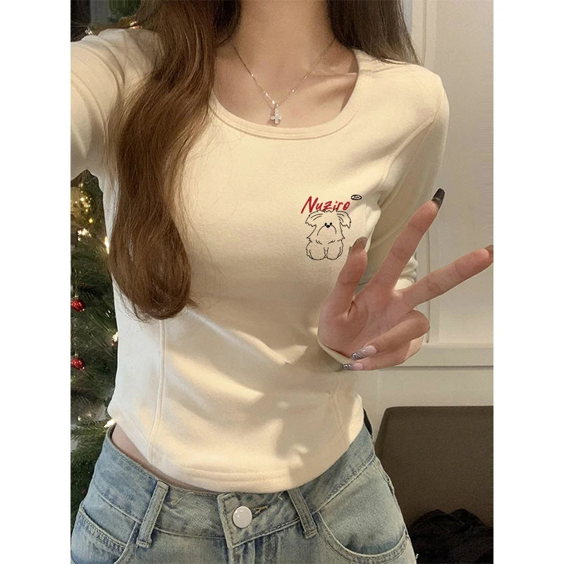 Абрикосовая нижняя рубашка с квадратным воротником женская осенне-зимняя