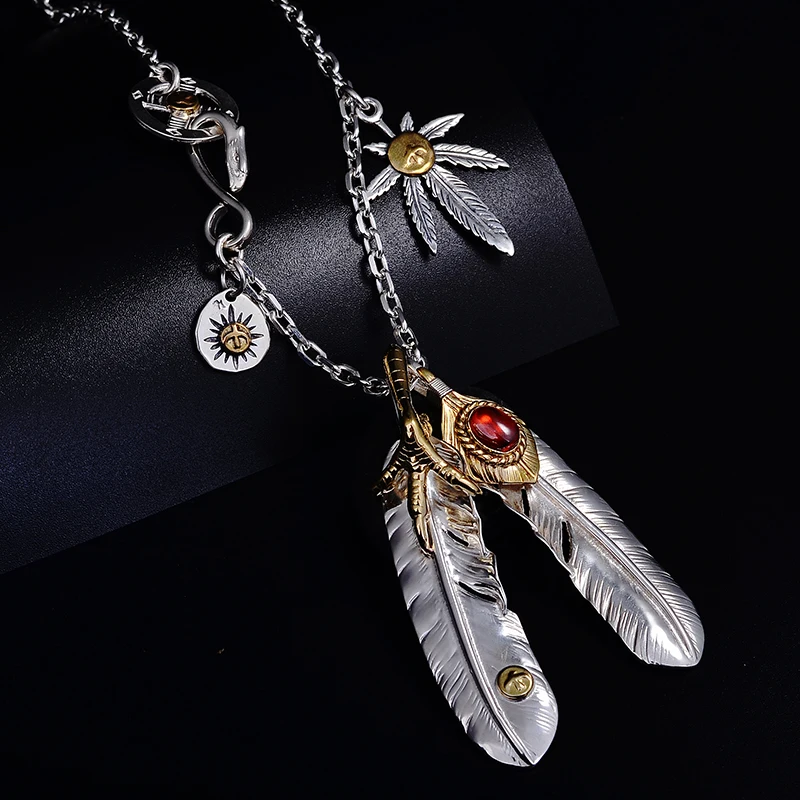 

New Silver Angle Chain Set Chain Vintage Style Feather Silver Long Men Sweater Pendant A Set Necklaces Chain