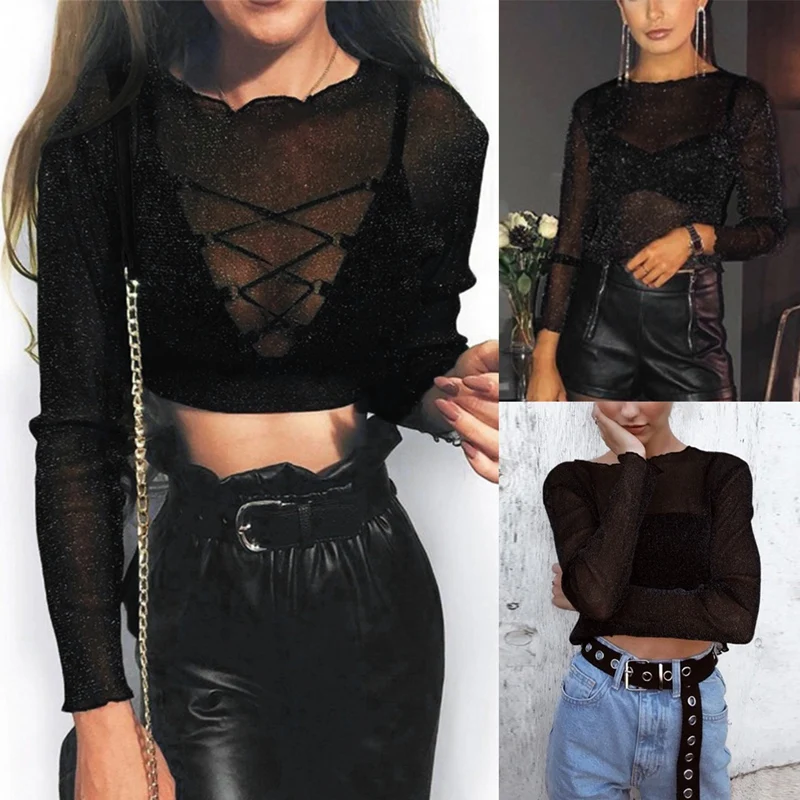 

Women's Fashion Sexy Mesh Ruffled Long Sleeve T-Shirt Top Black