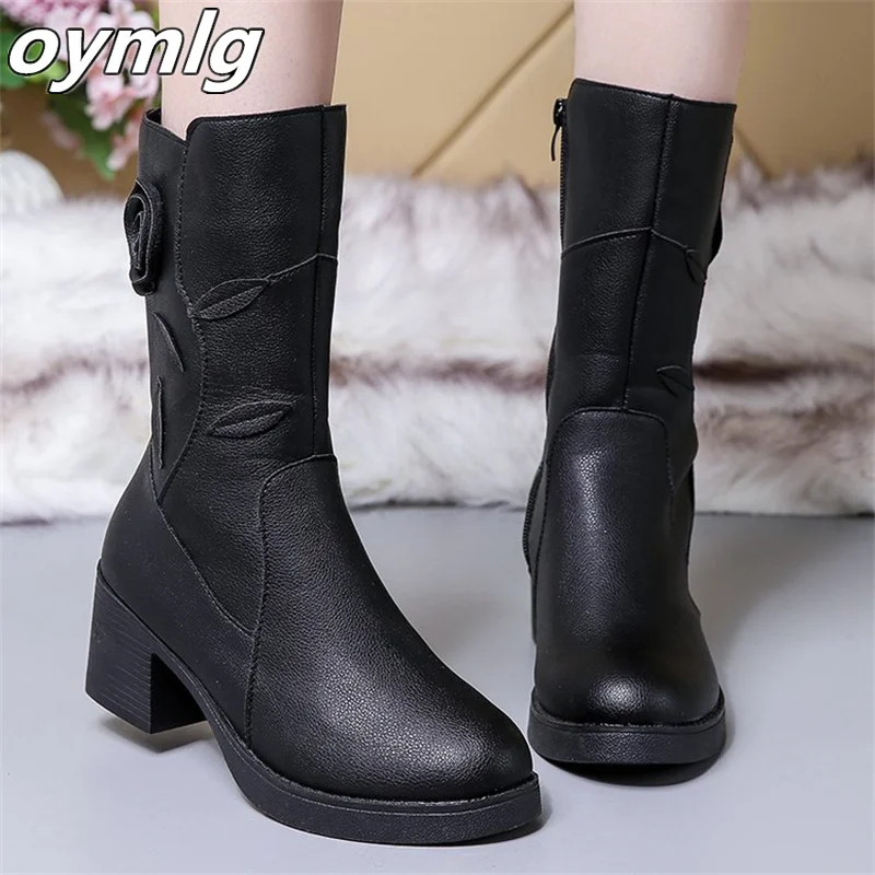 

Autumn and winter new mid-boots women's new mid-heel plus velvet leather boots cotton shoes women's thick heel women's boots