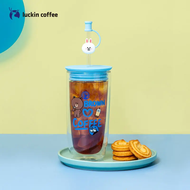 

Kawaii Luckin Coffee Line Friends Co Branded Brown Cartoon Simple Water Cup Anime Cute Doll Double Glasss Traw Cup Girl Gift