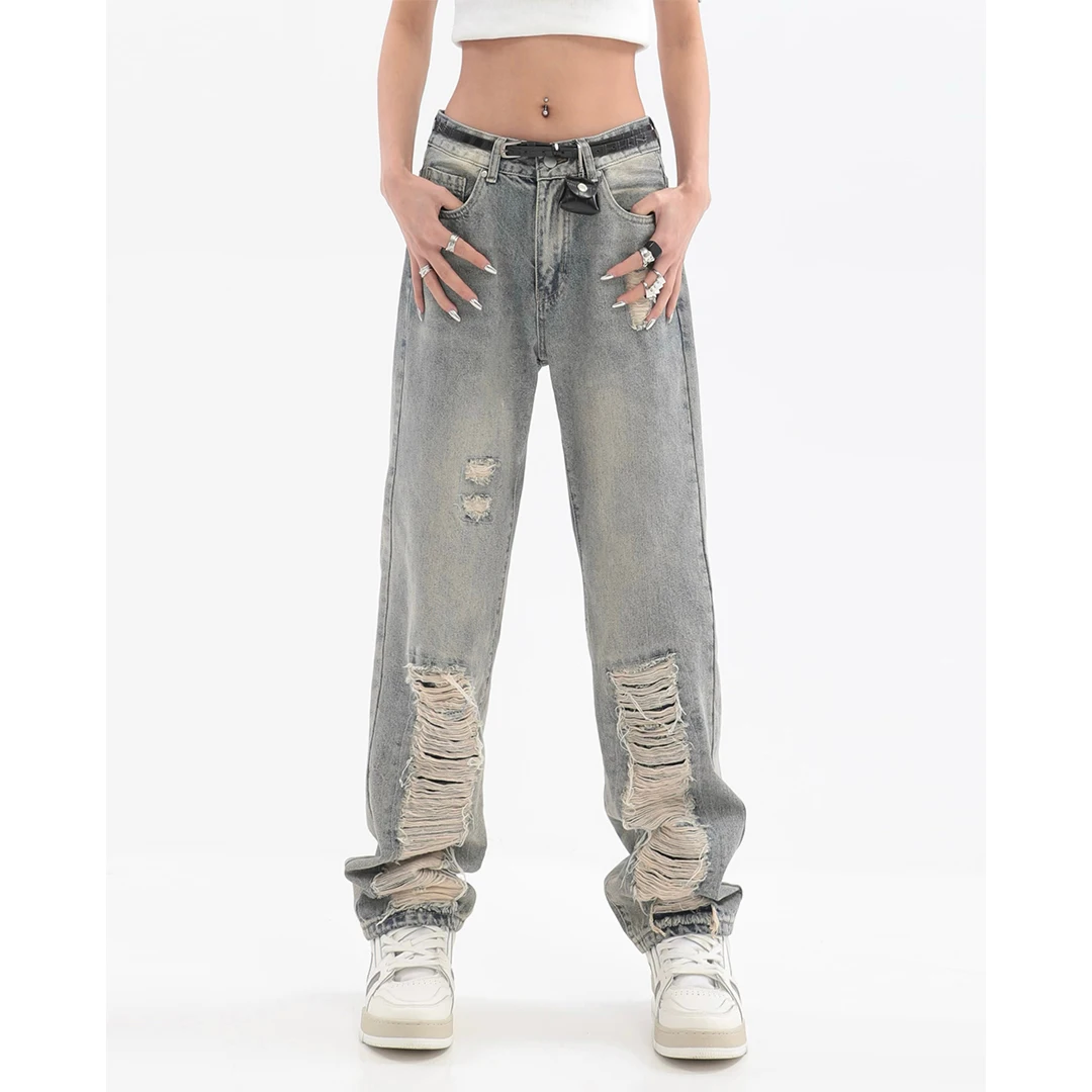 Womens Loose Fit Jeans 2022 Ripped Hole For Women High Waist Blue Wash Casual Cotton Denim Trousers Summer Baggy Jean Pants