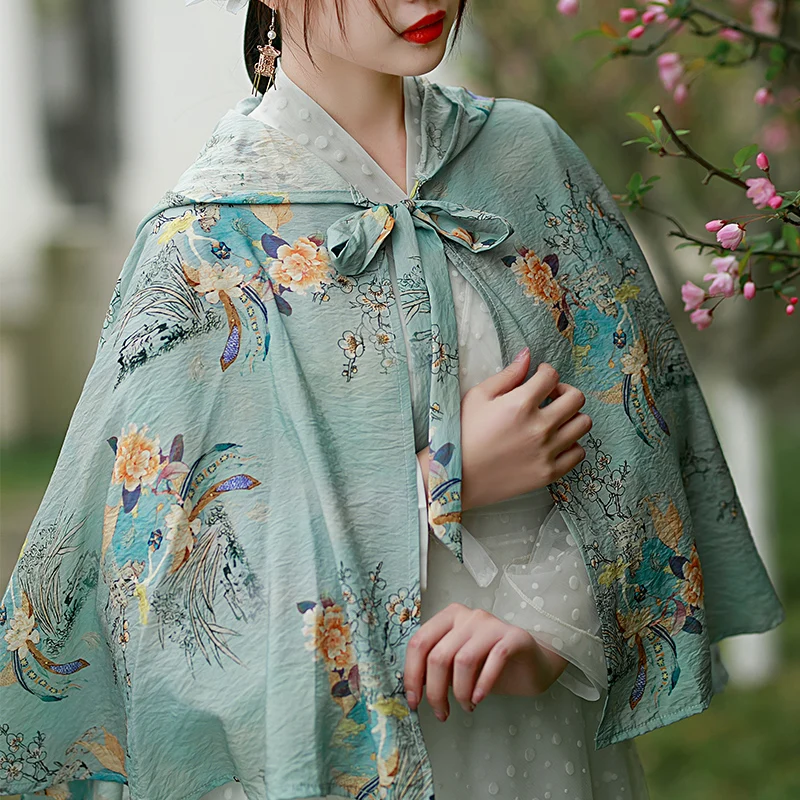 

2022spring/Summer Thin Loose Printed Short Coat Versatile Sun Protection Small Waistcoat Hooded Lace-up Cape