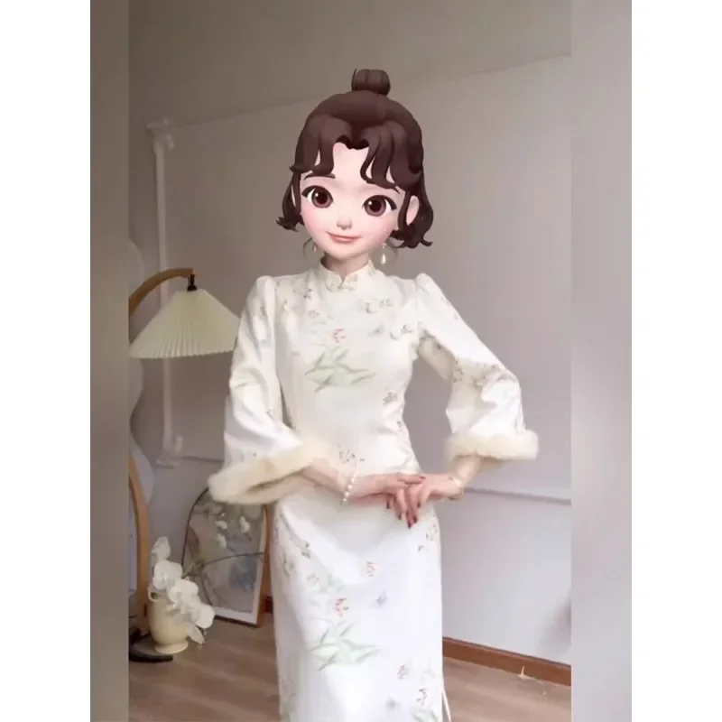 Осенне-зимнее теплое платье-Ципао в китайском стиле с принтом виде бамбука