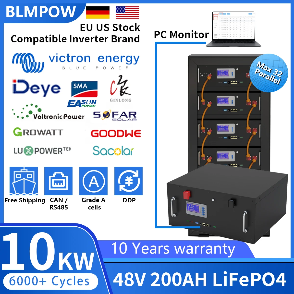 48v 200ah 100ah lifepo4 bateria 32 parellel 10kw 5kw super capacidade 6000 ciclo pc monitor 200a bms pode/rs485 para solar