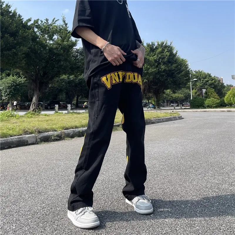 2022 High Street Letter Embroidery Hip Hop Straight Black Jeans For Men Y2K Pants Baggy Harajuku Denim Trousers Pantalon Homme