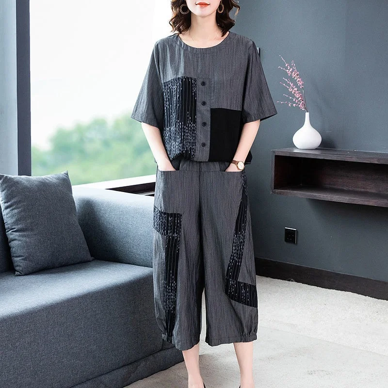 

2022 Summer Cotton 2 Piece Sets Middle-aged Women Plus Size 5XL O-neck Top + Casual Pants Suits Korean Womens Set Femme X155