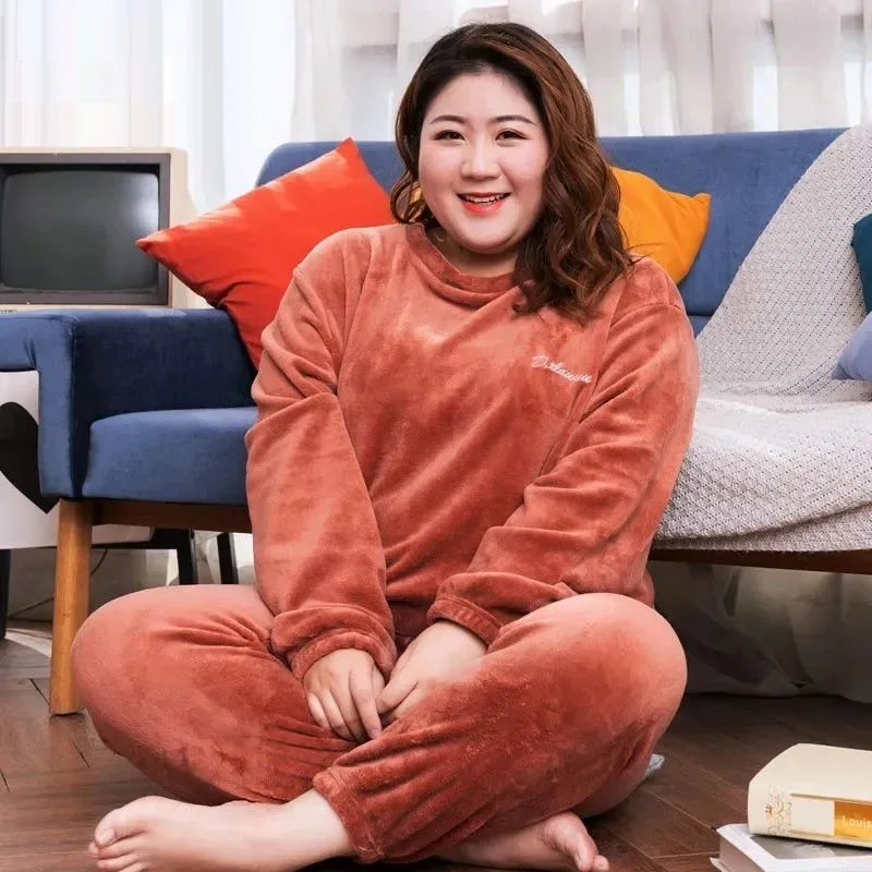 Size 6XL 140kg Winter Warm Coral Fleece Pajamas Sets Long Sleeve Top And Pants Sleepwear Suit Home Women Female Sleepwear