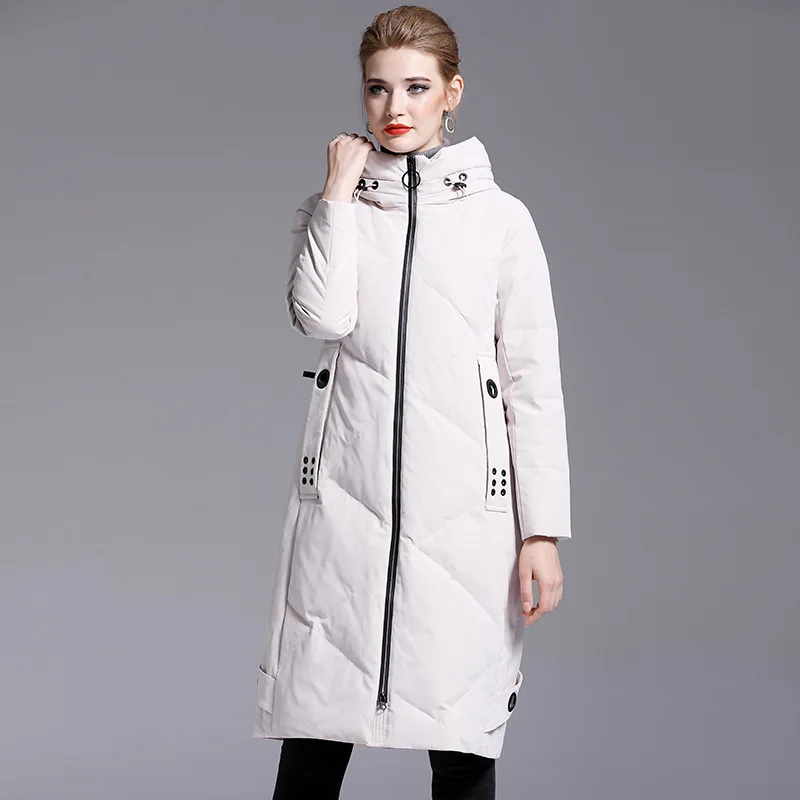 New Winter White Duck Down Jacket Women Mid-length Straight Hooded Thick Coat Warm Outwear