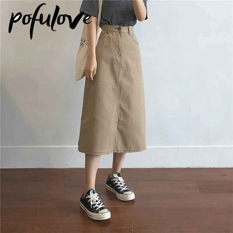 Demin Skirt Women  Skirts 4XL Midi Long Jeans Skirt A Line Brown Vintage Korean Fashion Mujer Faldas Summer Clothes New