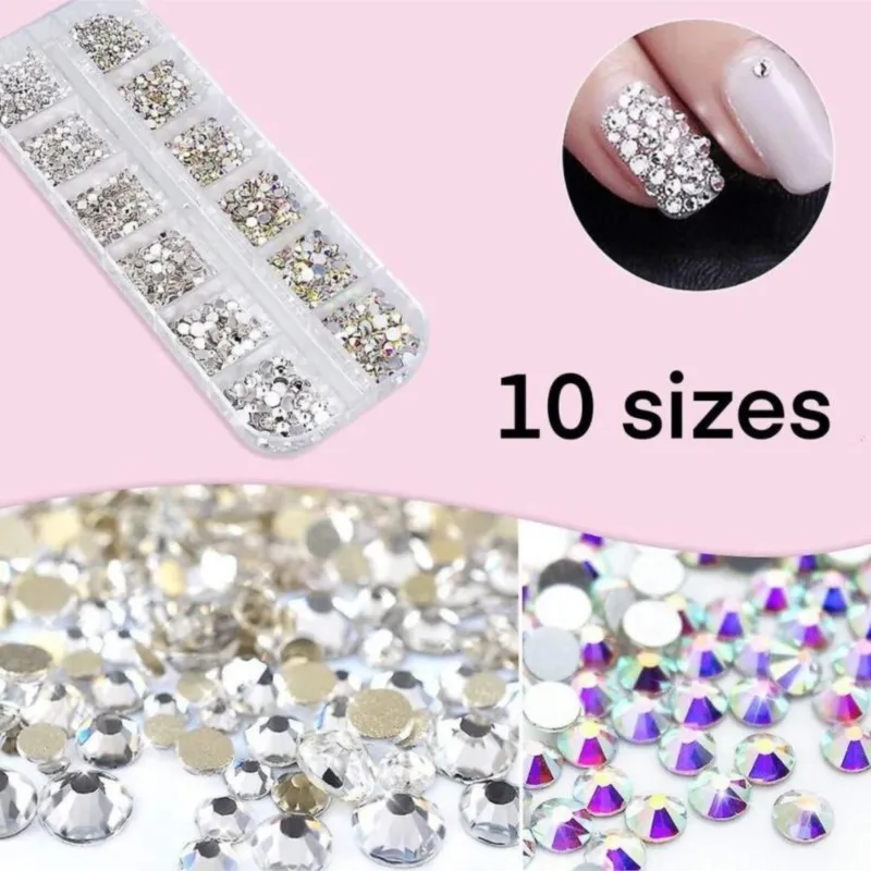 

6/12Grids Box Nail Art Rhinestone AB Crystal Flatback Pearl Jewelry Gems Nail Beads with Storage Organizer for Nail Decorations
