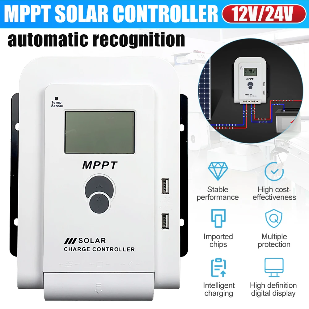 

Контроллер заряда солнечной батареи MPPT 20A/40A/60A 12 В/24 В, автоматический регулятор, регулятор солнечной панели, работает с AGM/GEL/SLD/FLD/литиевыми батареями