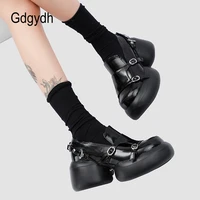 gdgydh black loafers women platform shoes belt buckle designer round heels retro punk japanese style patent leather party shoes