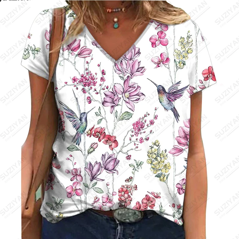 

3D printed clothing women's V-neck short sleeved T-shirt pullover top loose casual and comfortable oversized floral light color