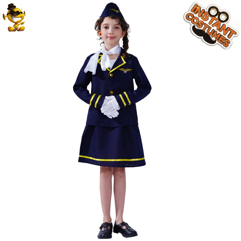 Air Hostess Girl Apply To Halloween Activities Flight Attendant Occupational With Neck Scarf Dark Blue Business Suit
