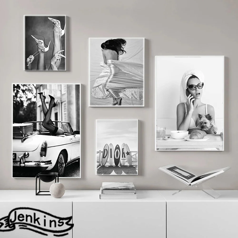 

Модная женская Художественная Картина на холсте с изображением красивой элегантности черного и белого цвета, настенный художественный пла...