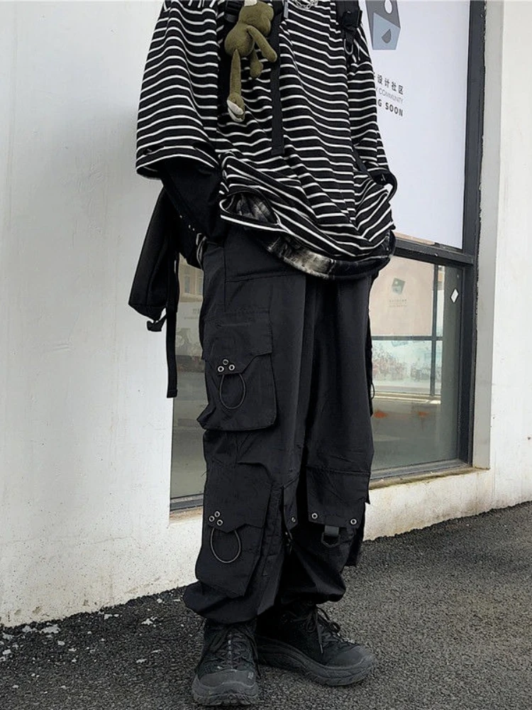QWEEK Gothic Streetwear Black Cargo Pants Women Hip Hop Punk Oversize Wide Leg Trousers Female Techwear Korean Style Joggers