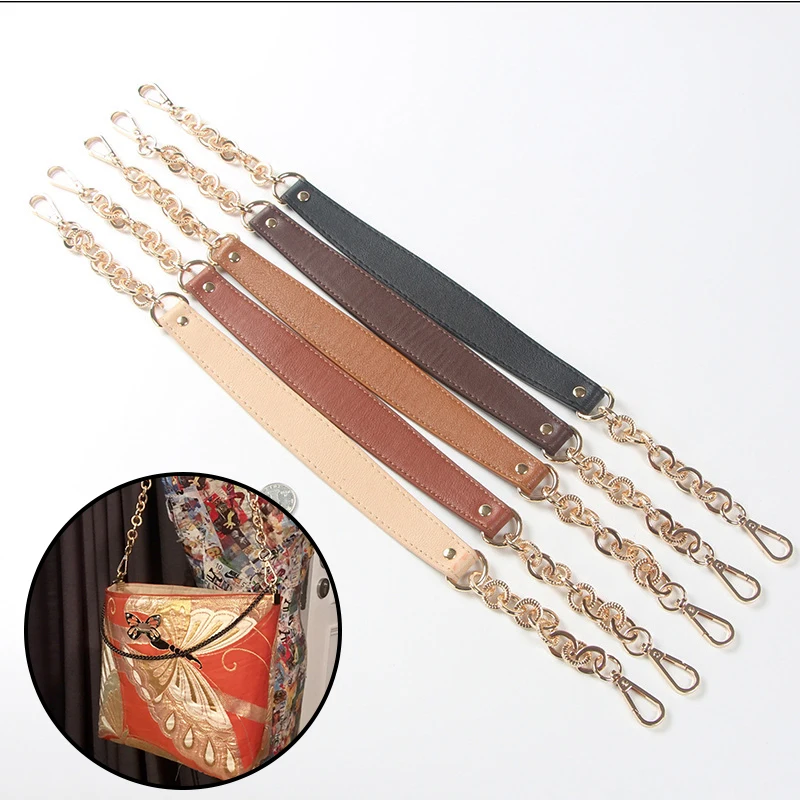 

57cm Replacement Shoulder Crossbody Bag Strap Black PU Leather Handle with Gold Silver Metal Chains Messenger Chain Bag Belt