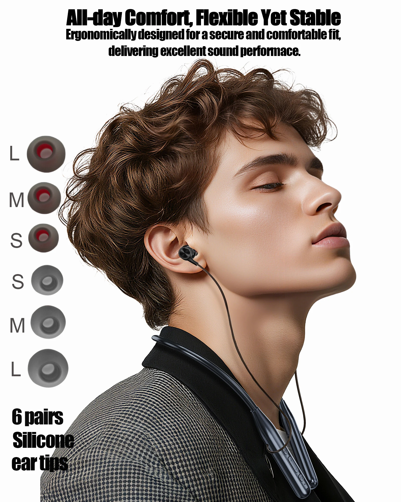 Фото Bluetooth-наушники с шейным ремешком, 6 режимов эквалайзера с микрофоном, 35 часов длительного воспроизведения, спортивные наушники-вкладыши с чехлом для переноски №4