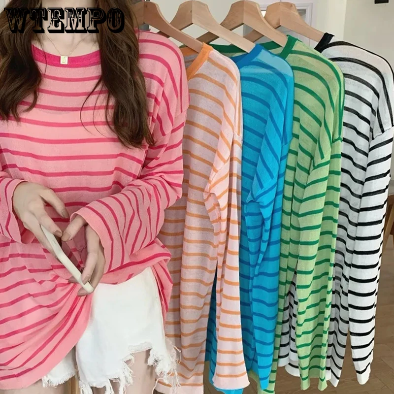 

Girl's Lazy Wind Thin Striped T-Shirts Loose Pullover Sunscreen Shirts Spring Summer Bottom Knit Sweater Tops Streetwear Tees
