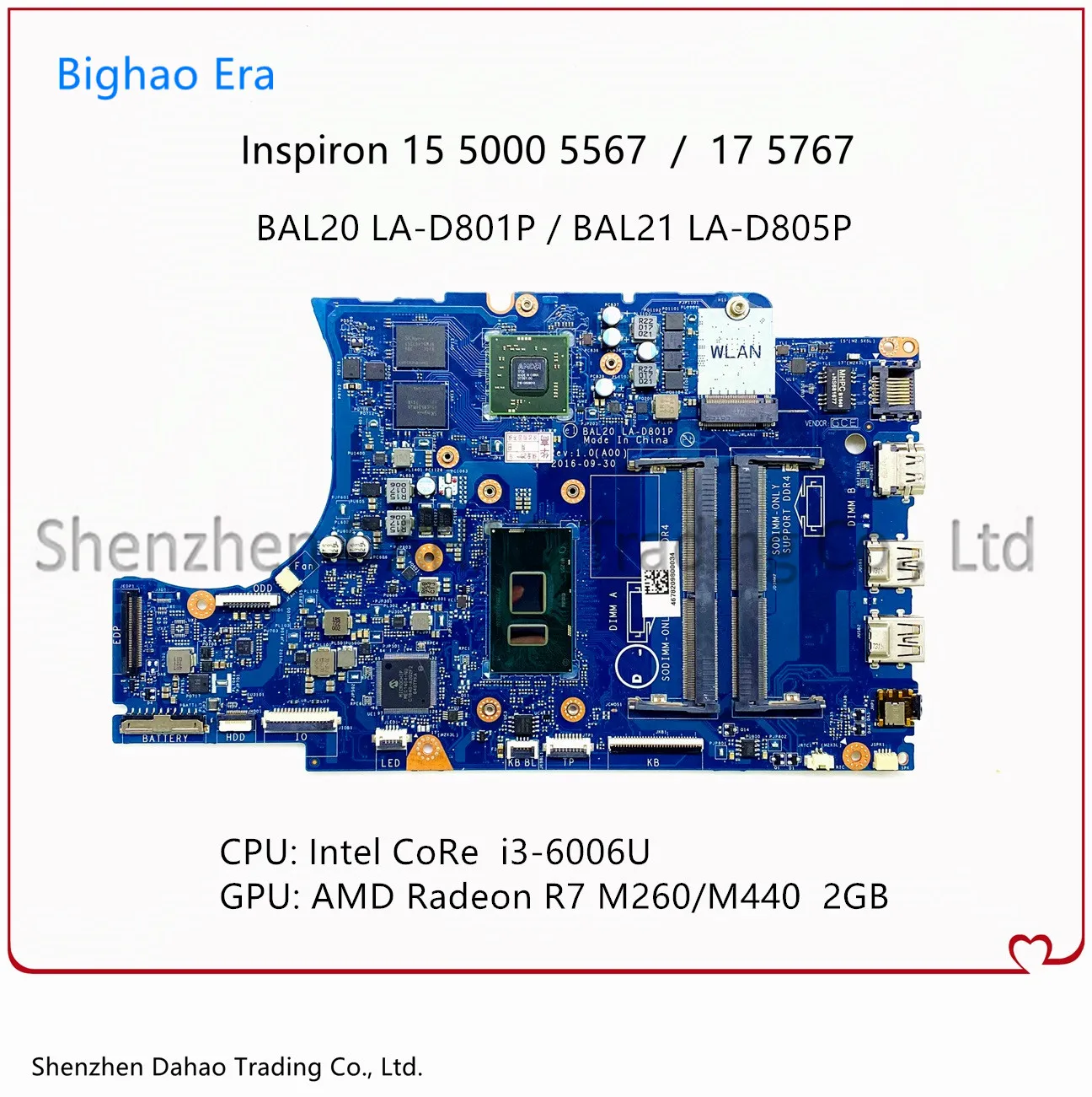 

CN-06682Y 06682Y For DELL 15 5567 17 5767 Laptop Motherboard BAL20 LA-D801P LA-D805P Mainboard With i3 CPU R7 M440 GPU 2G Tested