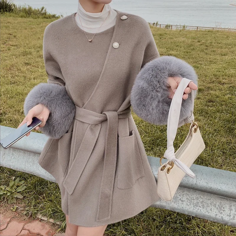 

2022 Fall Winter Female Luxury Natural Fox Fur Cuff Belted Wool Midi Coat With Pocket 100% Wool Fur Jacket For Women