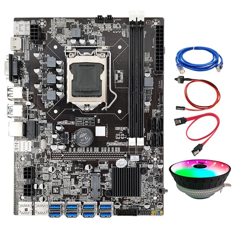 

B75 BTC Mining Motherboard LGA1155 8XPCIE USB Support Dual DDR3 SATA Cable+Switch Cable+RJ45 Network Cable+Cooling Fan