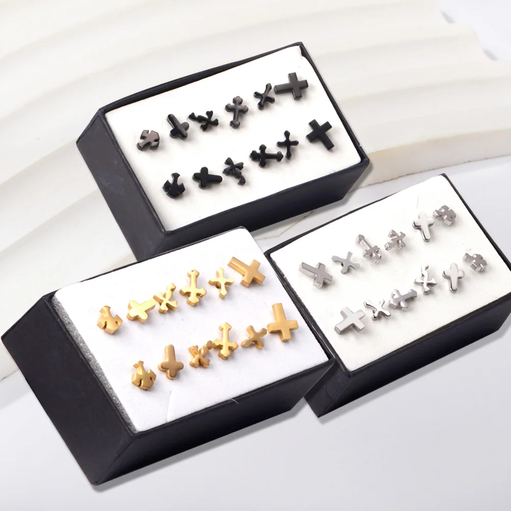 

Brincos Black Small Earrings With Cross Punk Korean Cristian 6Pairs/Lots Studs Man/Women Gothic Hiphop Stainless Steel Piercing