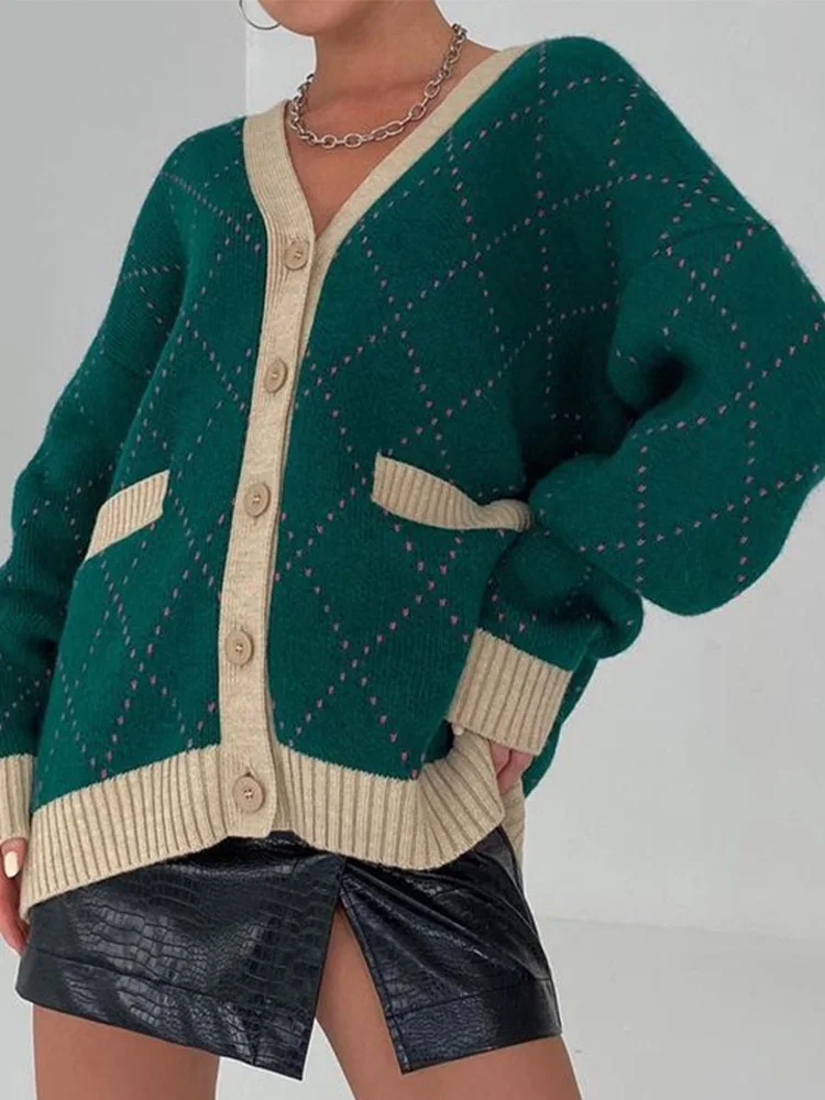 Свободный зеленый кардиган Y2K женский свитер с V-образным вырезом вязаные