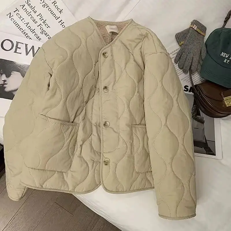 Осенне-зимняя стеганая куртка на пуговицах флисовое хлопковое пальто женская
