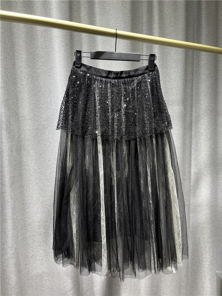 

Skirts For Women New Products In Spring And Summer Casual Mesh Contrast Side Zip Placket Skirt Pearl Decoration Irregular Hem