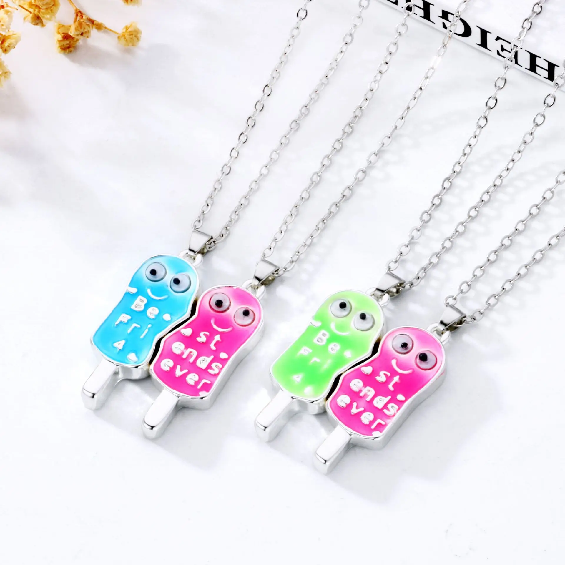 

New Cartoon Fashion Ice Cream Dripping Oil Necklace Magnet Stitching Pendant BFF Good Friend Necklace Gift