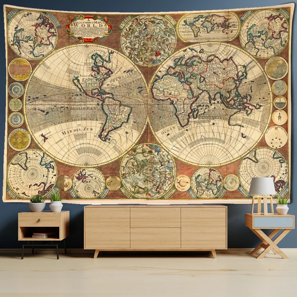 HD Print Vintage World Map Tapestries Art Wall Hanging Tablecloths Door Curtain For Children's Bedroom Room Decoration Home
