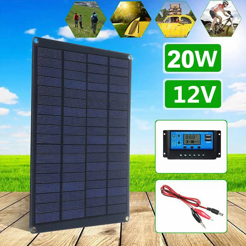 

20W Solar Panel with Battery Clip and 20A Controller 18V Monocrystalline Solar Cells Outdoor Camping Hiking Solar Car Charger