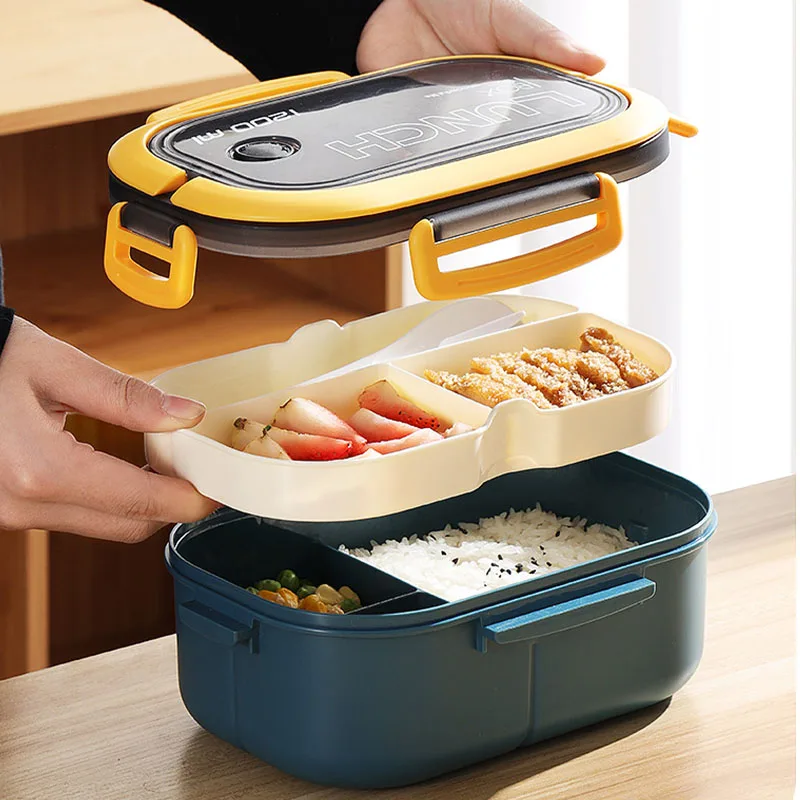 

Portable Hermetic Lunch Box 2 Layer Grid Children Student Bento Box with Fork Spoon Leakproof Microwavable Prevent Odor School