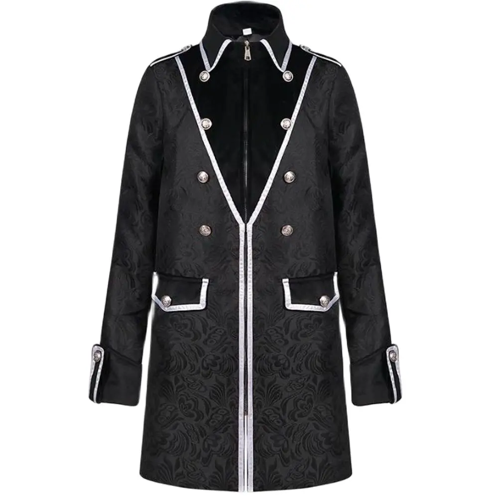 

Men Fashion Retro Jacket Stand Collar Jacquard Coat Gothic Overcoat Dress Up Black Spring European American Outerwear Medieval