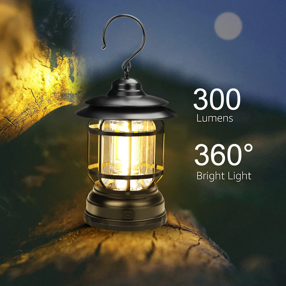 Retro COB Camping Tent Lamp Portable Lantern USB Rechargeable LED Home Decor Light Travel 3*AAA Outdoor Emergency Working Light