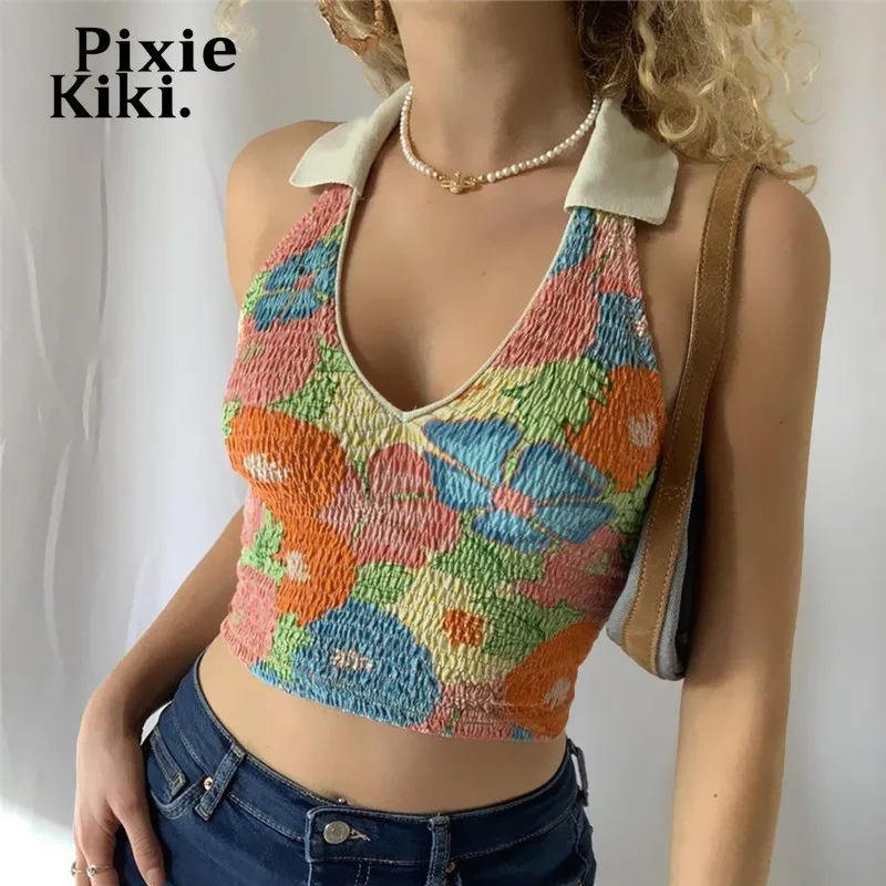 

Женская майка с цветочным принтом, V-образным вырезом и открытой спиной