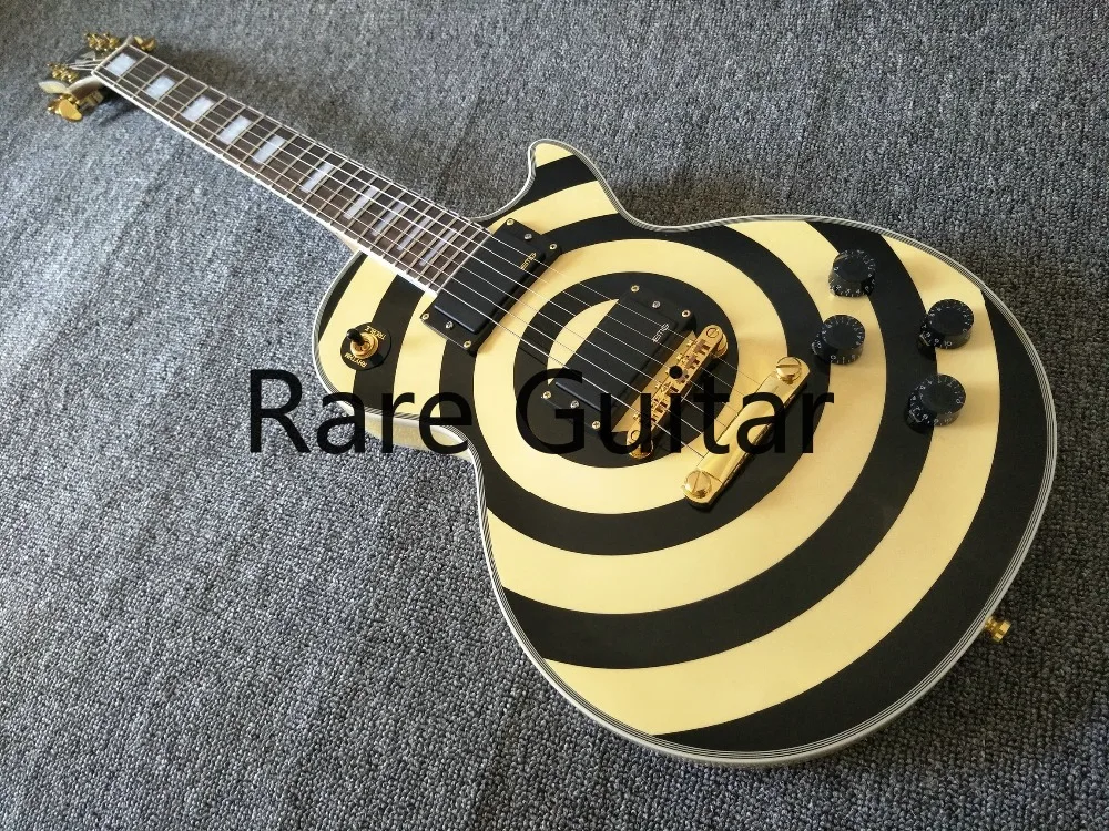 

Zakk Wylde bullseye кремовая и черная электрическая гитара, Китай, ЭМГ активный Pickups, батарея 9V, белая Швабра Блок Инкрустация, золотая фурнитура