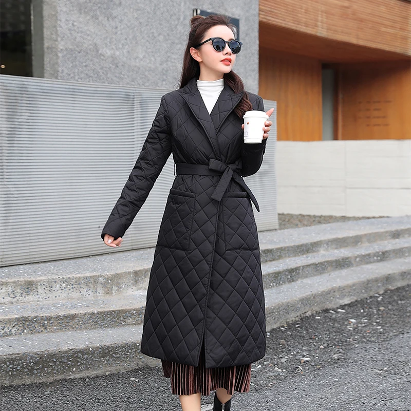 2023 New Woman Jacket Parkas X-long Belted Space Cotton Diamond Plaid Coat Down Women's Over The Knee Winter Clothing Warm Coats