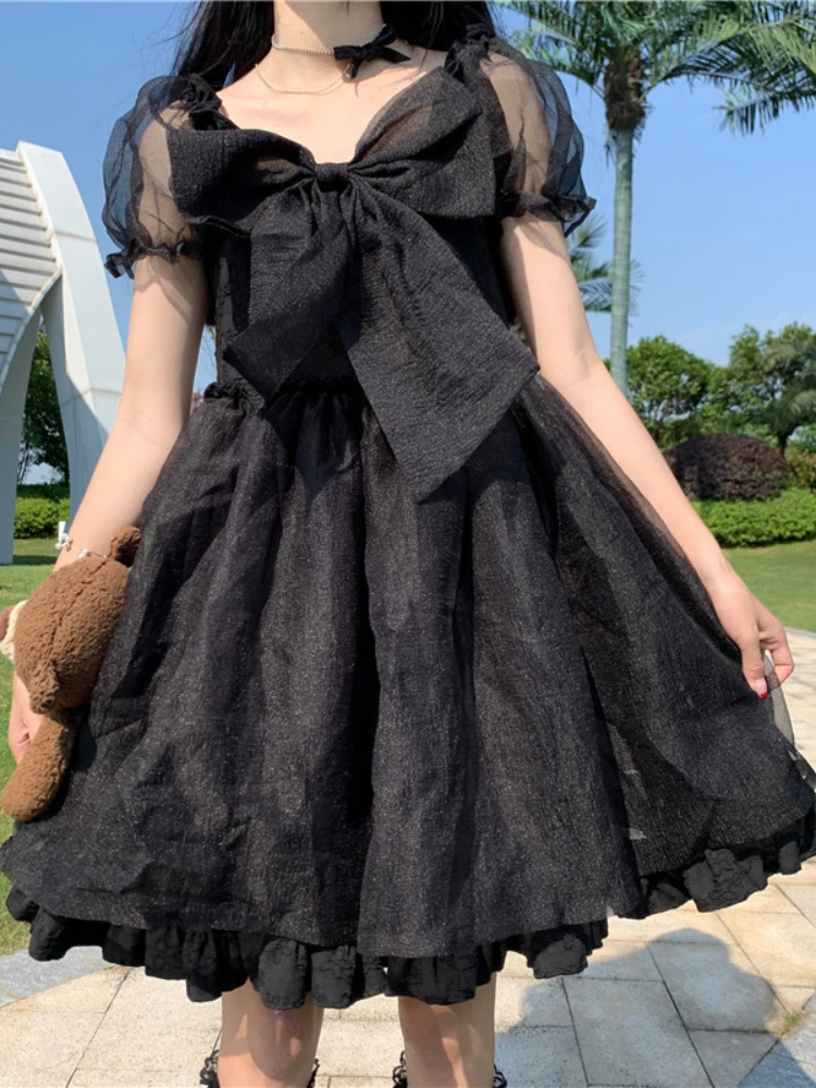 

Черное Шифоновое Платье в стиле "Лолита", японское милое женское приталенное сказочное платье с бантом и пышными рукавами, мягкое летнее платье в стиле "Лолита" с оборками