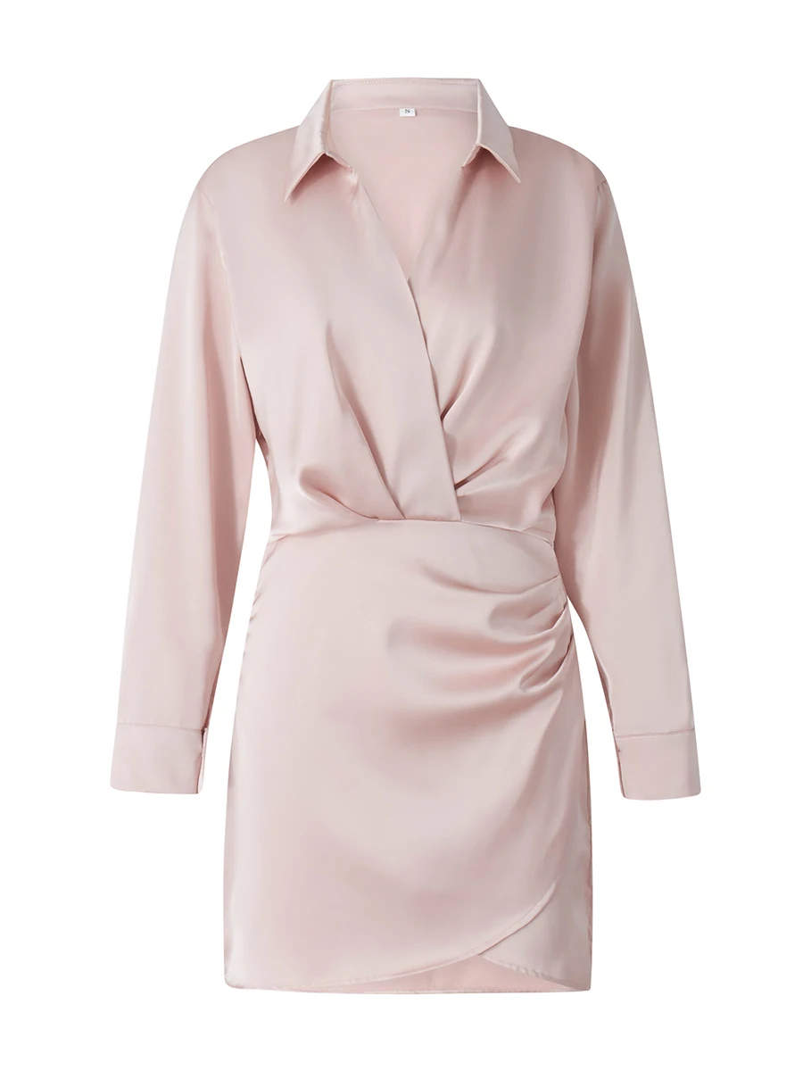 

Женское атласное мини-платье-рубашка с длинным рукавом, отложным воротником и V-образным вырезом, плиссированное короткое платье с рюшами, л...